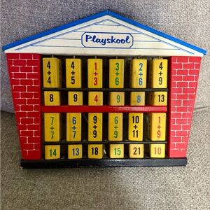 1960's Vintage Wood Playskool Abacus Math Schoolhouse w Stand Counting Frame
